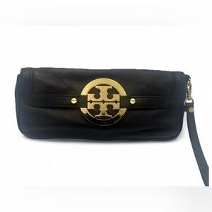 Tory Burch Miller Gold Metal Black Leather Wristlet Clutch Magnet Closure SOFT